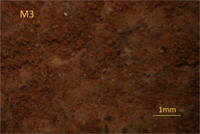 v. Στην Εικόνα 32, παρουσιάζεται το δείγμα Μ3 η χρήση λεπτόκοκκης άμμου υπάρχει και εδώ, είναι αρκετά συνεκτικό πηλοκονίαμα στη μάζα