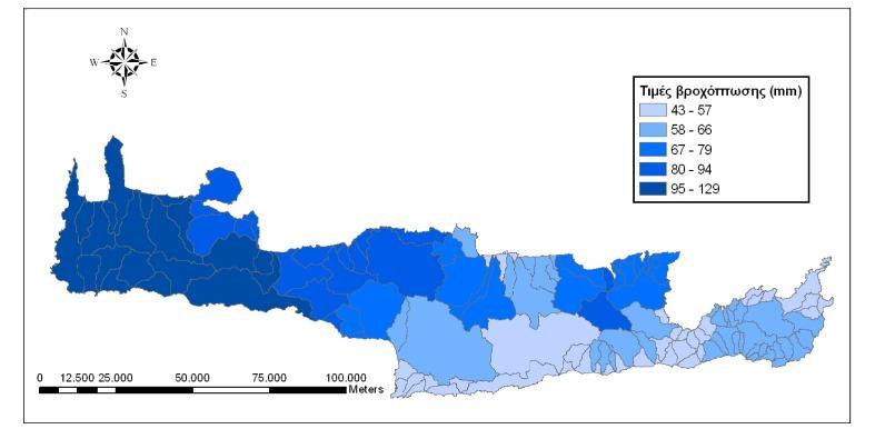 Εικόνα 8: Μέσες μηνιαίες τιμές βροχόπτωσης για 130 λεκάνες της Κρήτης (Βροχίδου, 2009) ΥΓΡΑΣΙΑ Η μέση ατμοσφαιρική σχετική υγρασία είναι σε ολόκληρη την βόρεια Κρήτη, ελάχιστη τον Ιούνιο και μέγιστη