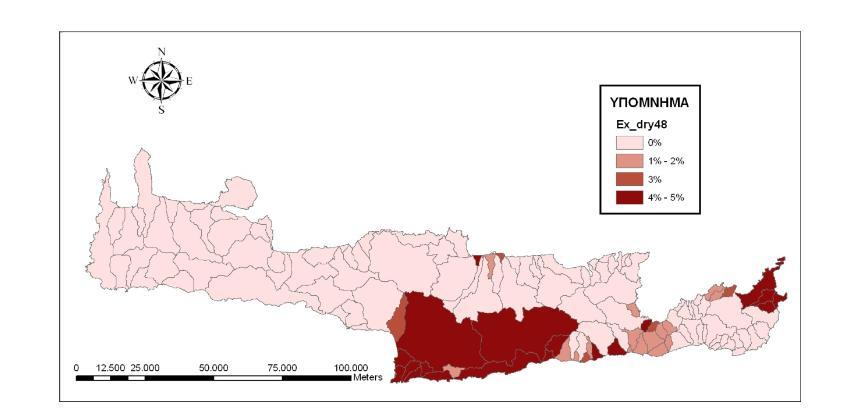 Παρατηρείται ότι επικρατεί ακραία παρατεταμένη ξηρασία 48 μηνών για ποσοστό χρόνου 5% κατά την περίοδο 30 ετών στην κεντρική και ανατολική πλευρά της Κρήτης.
