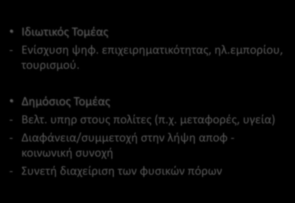 AΝΑΜΕΝΟΜΕΝΑ ΟΦΕΛΗ Ιδιωτικός Τομέας - Ενίσχυση ψηφ. επιχειρηματικότητας, ηλ.εμπορίου, τουρισμού. Δημόσιος Τομέας - Βελτ.