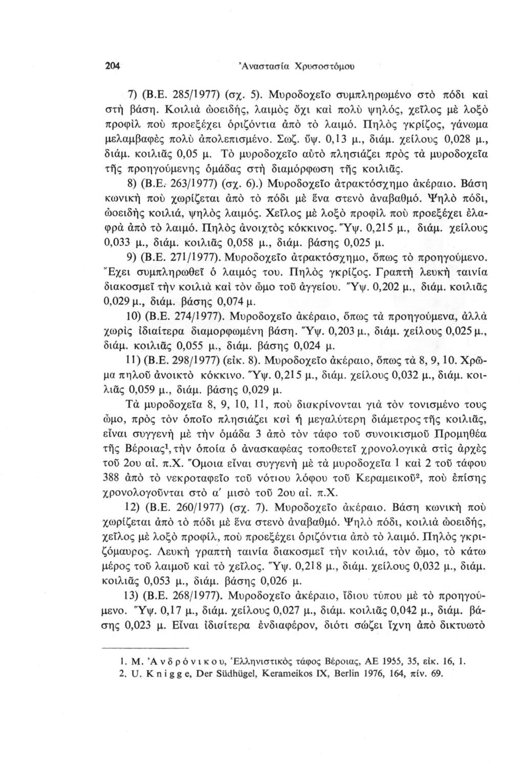 204 Αναστασία Χρυσοστόμου 7) (Β.Ε. 285/1977) (σχ. 5). Μυροδοχείο συμπληρωμένο στο πόδι καί στή βάση.