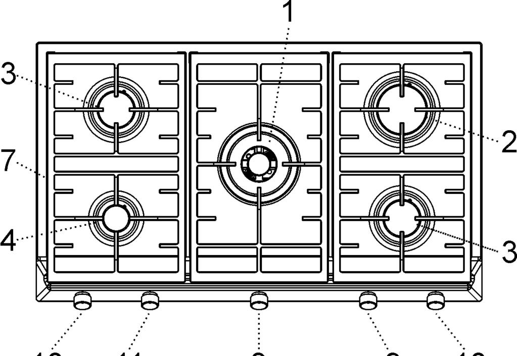 1 5G AI AL DR CI 1 Quemador double corona de 4000 W 2 Quemador Rápido de 2800 W 3 Quemador Semirrápido de 1750 W 4 Quemador Auxiliar de 1000 W 6 Elemento de calentamiento eléctrico Ø 14,5 cm de 1500