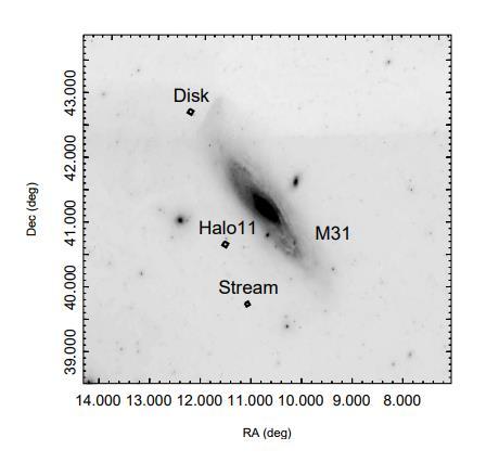 5.3. M31 Τα υπό μελέτη πεδία για τον γαλαξία Μ31 είναι τρία, εκείνα της άλω (Halo-11), του δίσκου (Disk) αλλά και του Stream, τα οποία περιγράφονται αναλυτικά στις επόμενες παραγράφους και φαίνονται