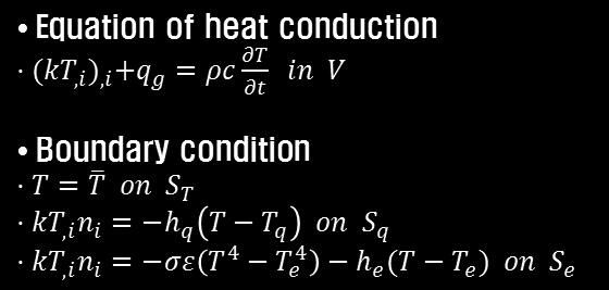 Fnte element equatons of heat conducton Weak form V T ( c kt Q ) dv q h ( T T ) ds h ( T T ) ds S e t 4 4 ( T T ) h ( ) 0 e e T Te ds,, f c c q w S S c q Q C g j j Fnte element equatons T N T N W I I