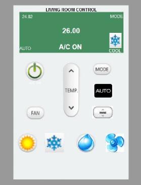 5.3.7 AIR CONDITION Εικόνα 5.3.16 : A/C APARTMENT REMOTE CONTROL Με αυτό το remote control μπορούμε να ενεργοποιήσουμε και να απενεργοποιήσουμε το κλιματιστικό, να επιλέξουμε το mode λειτουργίας του