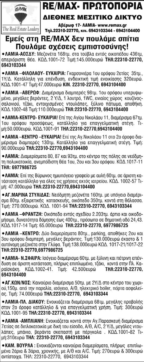 28 Αμαλώτα Υπάτης, 4,5 στρμ., πρόσοψη σε κεντρικό δρόμο, δίπλα σε σούδα-πηγάδι, 12.000 ευρώ (αντικειμενική 14.000), κος Ηλίας, Τηλ.: 6978853717 (522) Γοργοπόταμος, κτήμα 8,5 στρμ.