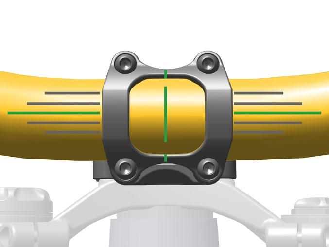 Install the handlebar, then the faceplate and bolts. Align the guidelines of the handlebar with the guidelines of the stem. Monter styret, og derefter frontpladen og boltene.