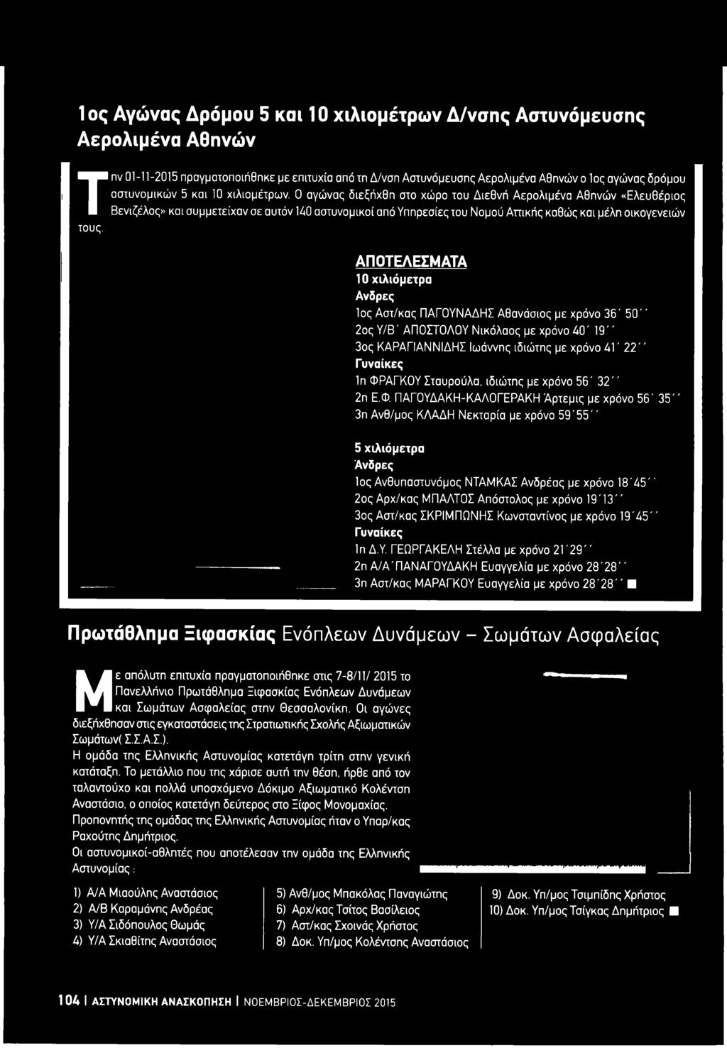 ΦΡΑΓΚΟΥ Σταυρούλα, ιδιώτης με χρόνο 56' 3 2 " 2η Ε.Φ. ΠΑΓΟΥΔΑΚΗ-ΚΑΛΟΓΕΡΑΚΗ Άρτεμις με χρόνο 56' 3 5 " 3η Ανθ/μος ΚΛΑΔΗ Νεκταρία με χρόνο 5 9 '5 5 " 5 χιλιόμετρα Ανδρες 1ος Ανθυπαστυνόμος ΝΤΑΜΚΑΣ