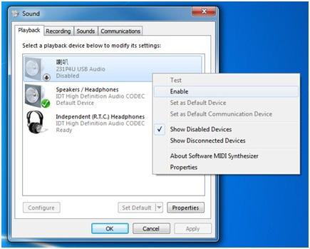 3. Εισαγωγή προβολής βάσης USB 2. Κάντε δεξί κλικ στο Ήχος 231P4U USB, κατόπιν κάντε κλικ στο Ενεργοποίηση.