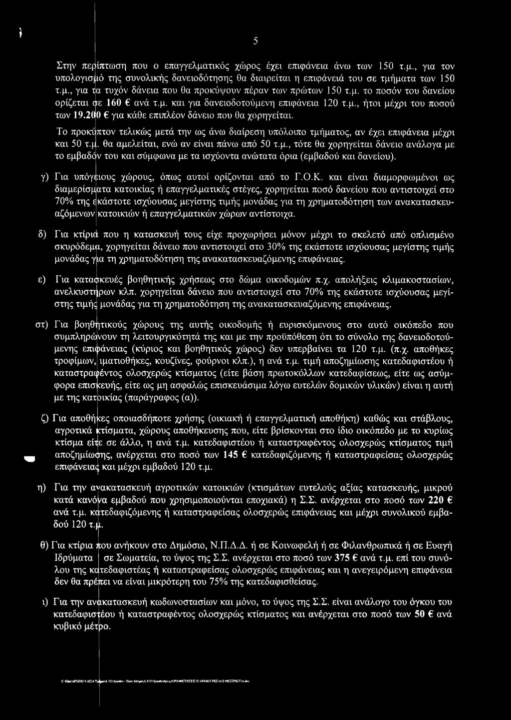 Το προκΰ πτον τελικώς μετά την ως άνω διαίρεση υπόλοιπο τμήματος, αν έχει επιφάνεια μέχρι και 50 τ. το εμβαδό Η. θα αμελείται, ενώ αν είναι πάνω από 50 τ.μ., τότε θα χορηγείται δάνειο ανάλογα με ν του και σύμφωνα με τα ισχύοντα ανώτατα όρια (εμβαδού και δανείου).