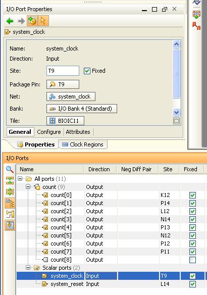 Αντιςτοίχθςθ ςθμάτων με pins τθσ FPGA A. Στο κάτω παράκυρο βλζπουμε όλα τα I/O ports. Επιλζγουμε το ςιμα, π.χ. εδϊ επιλζξαμε το system_clock, και πάμε ςτο πάνω παρακυράκι όπου βάηουμε ςτο Site το Τ9.