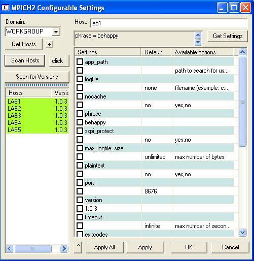 Εικόνα 5.3 Εφαρμογή του mpiconfig Στο project μας με βάση το Visual Studio.NET έχουμε τις εξής ιδιότητες : Στην επιλογή Configuration Properties::Linker::Input πρέπει να εισαχθούν τα αρχεία mpi.