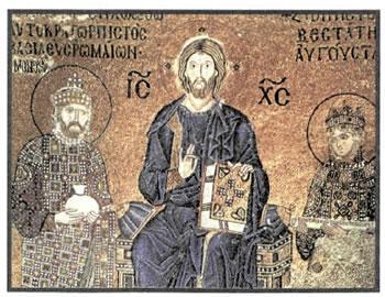 Ο Ιησούς Χριστός ανάμεσα στον αυτοκράτορα Κωνσταντίνο Θ' Μονομάχο (1042-1055) και τη