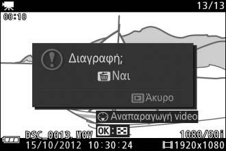 Διαγραφή Video Για να διαγράψετε το τρέχον video, πατήστε O. Θα εμφανιστεί ένα πλαίσιο διαλόγου επιβεβαίωσης.