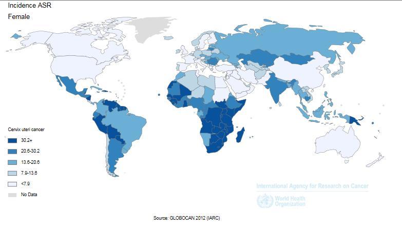 Слика 1. Инциденца карцинома грлића материце у свету 2012. година (15) 1.1.1 Епидемиологија малигних тумора грлића материце Србија У Србији је КГМ на другом месту по учесталости, после карцинома дојке.