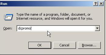 εκτελέσουμε τον Active Directory Installation Wizard. Η εφαρμογή έχει όνομα dcpromo.