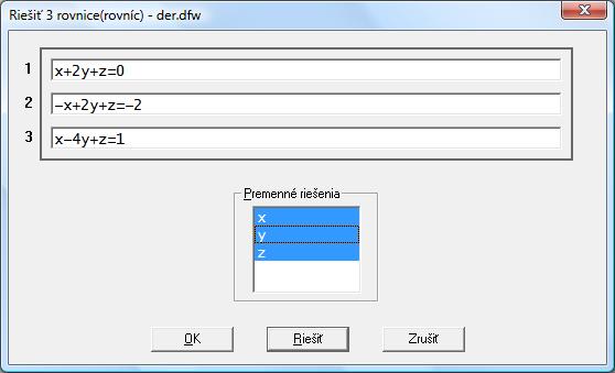 Obrázok 24 Dialógové okno zadania rovníc sústavy V pracovnom okne Algebra 1 sa zobrazia dva riadky, znázornené na Obrázku 25. V druhom riadku je riešenie sústavy. 3.