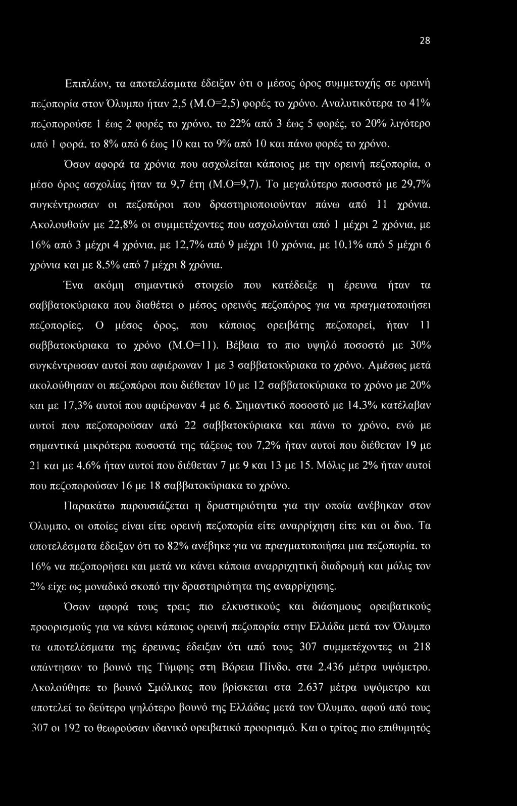 Όσον αφορά τα χρόνια που ασχολείται κάποιος με την ορεινή πεζοπορία, ο μέσο όρος ασχολίας ήταν τα 9,7 έτη (Μ.0=9,7).