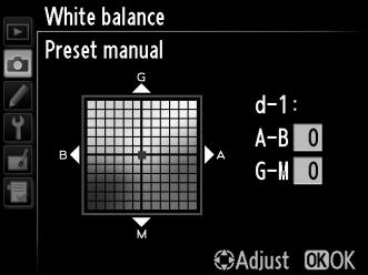 Κουμπί J A Επιλογή μιας προτοποθέτησης ισορροπίας λευκού Πατήστε 1 για να επισημάνετε την τρέχουσα προτοποθέτηση ισορροπίας λευκού (d-1 d-4) και πατήστε 2 για