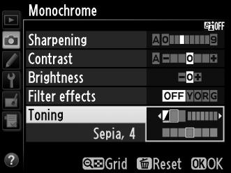 A Toning (Τόνοι) (Μόνο μονόχρωμο) Πατώντας το 3 όταν έχετε επιλέξει Toning (Τόνοι), εμφανίζονται οι επιλογές κορεσμού. Πατήστε το 4 ή το 2 για να προσαρμόσετε τον κορεσμό.