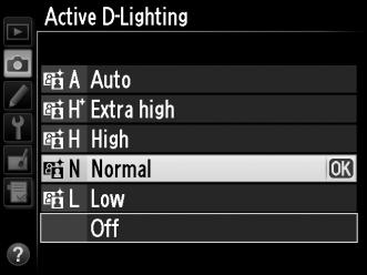 Για να χρησιμοποιήσετε το Ενεργό D-Lighting: 1 Επιλέξτε Active D-Lighting (Ενεργό D-Lighting) στο μενού λήψης. Πατήστε το κουμπί G, για να εμφανίσετε τα μενού.