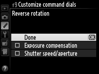 f9: Customize Command Dials (Προσαρμογή επιλογέων εντολών) Κουμπί G A μενού Προσαρμοσμένων ρυθμίσεων Η επιλογή αυτή καθορίζει τη λειτουργία του κύριου επιλογέα εντολών και των υπο-επιλογέων εντολών.