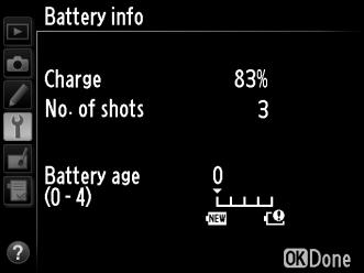 Battery Info (Πληροφορίες μπαταρίας) Κουμπί G B μενού ρυθμίσεων Εμφανίστε πληροφορίες σχετικά με την μπαταρία που είναι τοποθετημένη στη φωτογραφική μηχανή.