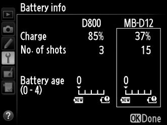 A Το Τροφοδοτικό Μπαταρίας MB-D12 Η ένδειξη για το τροφοδοτικό μπαταρίας MB-D12 εμφανίζεται στα δεξιά. Για τις μπαταρίες EN-EL18, στην οθόνη υποδεινύεται εάν απαιτείται ρύθμιση.
