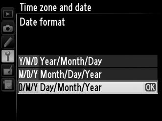 8 Ρυθμίστε τη μορφή ημερομηνίας. Επιλέξτε Date format (Μορφή ημερομηνίας) και πατήστε 2. Πατήστε 1 ή 3 για να επιλέξετε τη σειρά εμφάνισης του έτους, του μήνα και της ημέρας και πατήστε J.