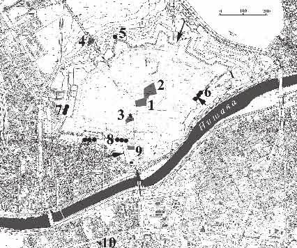 Ni{ i Vizantija III 153 Сл. 2 Ниш, ситуациони план античких налаза на простору турске тврђаве и у њеној непосредној близини. 1. Грађевине под сводовима; 2. Античка улица и базилика (?); 3.