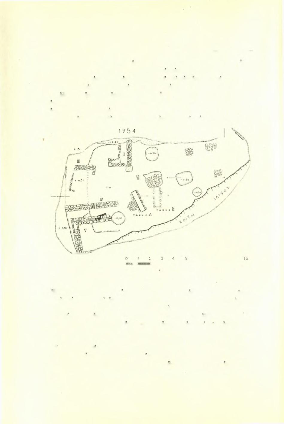 42 Πρακτικά τής Αρχαιολογικής Εταιρείας 1954 Τό στρώμα τούτο είναι οπωσδήποτε μεταγενέστερον τού τρίτου η τετάρτου αί. μ.χ. Τό βάθος του έμετρήθη εις τον περυσινόν τομέα, κείμενον νοτιώτερον τού εφετινού, εις 3-2 μέτρα, εις δε τον εφετινόν εις 1.