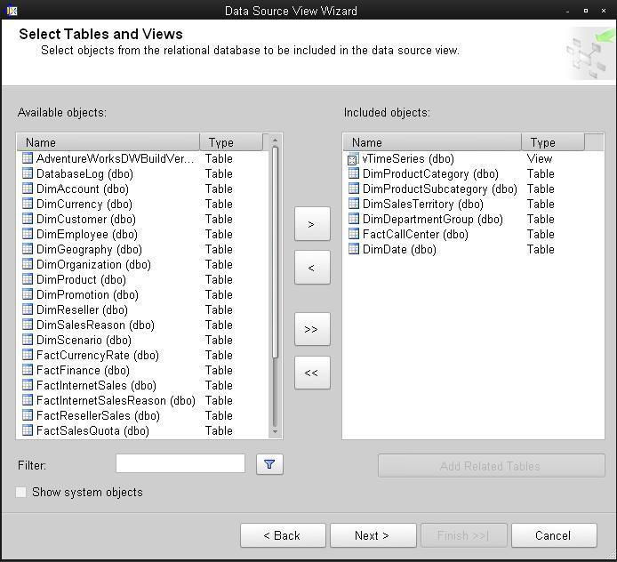 Slika 3-5. Data Source View Wizard - odabir objekata Nakon što su definirani Data Source i Data Source View moguće je pristupiti izradi strukture modela rudarenja podataka.