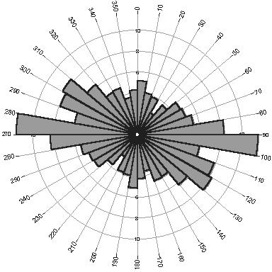 A B ΣΧΗΜΑ 5.3-46: Ροδοδιαγράμματα συχνότητας και πυκνότητας των ρεμάτων 5 ης τάξης της υπολεκάνης Μαλακασιώτικου ρέματος.
