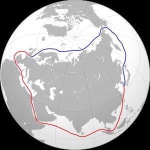 Χάρτης 2: Το Βορειοανατολικό πέρασμα (μπλε) και μια εναλλακτική διαδρομή μέσω της διώρυγας του Σουέζ (κόκκινο) Πηγή: en.wikipedia.