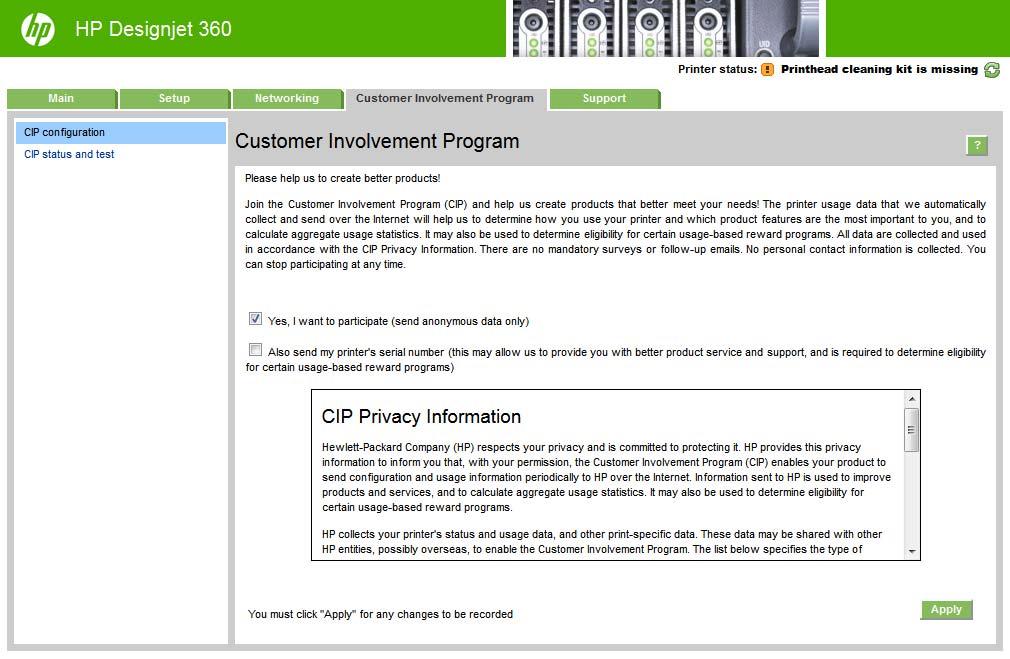Στη σελίδα CIP configuration (Διαμόρφωση CIP) της καρτέλας Customer Involvement Program (Πρόγραμμα συμμετοχής πελατών) μπορείτε να ξεκινήσετε, να σταματήσετε ή να αλλάξετε τη συμμετοχή σας στο
