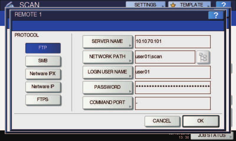 8. ) FTP, SMB, NetWare IPX, IP NetWare, FTPS. ) [ (SERVER NAME)], [ (NETWORK PATH)], [ (LOGIN USER NAME)], [ (PASSWORD)] / [ (COMMAND PORT)]. ), [OK (OK)]. [FTPS]: log-in FTP,.
