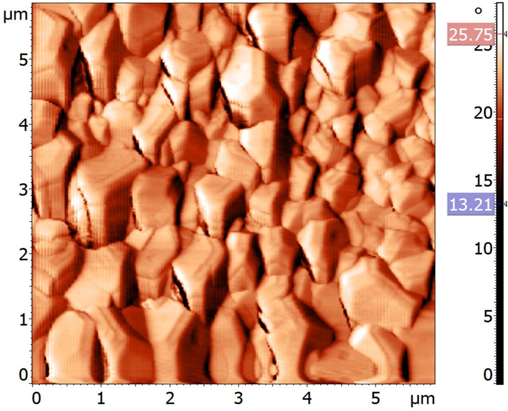 λ2: SPPP2_30: Εικόνα φάσης ΜΑΔ του ίδιου στιγμιότυπου. Διακρίνονται κοκκία και πόροι. Εικόνα 4.3.λ3: SPPP2_30: Εικόνα τοπογραφίας ΜΑΔ, όπου φαίνεται τμήμα του συσσωματώματος κοκκίων σε μεγέθυνση.