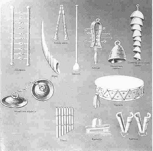 Μουσικά όργανα Τα όργανα που συναντούσαμε σε σύνολα εγχόρδων ήταν Βυζαντινά λαούτα (πανδουρίς), ψαλτήριο (κανονάκι), άρπα, λύρα (λεγόταν και κιθάρα), τέσσερα μεγέθη ταμπουρά, τρίχορδη