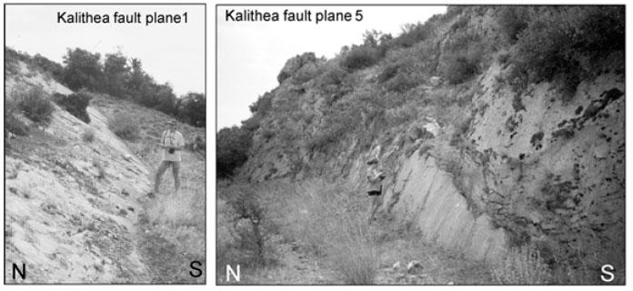 Σχ. 68: Φωτογραφίες υπαίθρου από τους Goldsworthy et al. (2002) στις ασβεστολιθικές ρηξιγενείς επιφάνειες του ρηξιγενούς συστήµατος της Καλλιθέας, στις θέσεις 1 και 5 του σχήµατος 67b. 4.