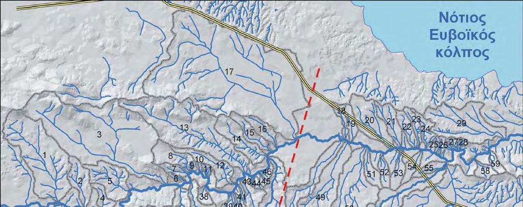 ποταµού είναι πιο ανεπτυγµένες µε πυκνότερο υδρογραφικό δίκτυο. Στη συνέχεια, η περιοχή θα µπορούσε να χωρισθεί (κόκκινη διακεκοµµένη γραµµή του σχήµατος 71) σε δύο µέρη.