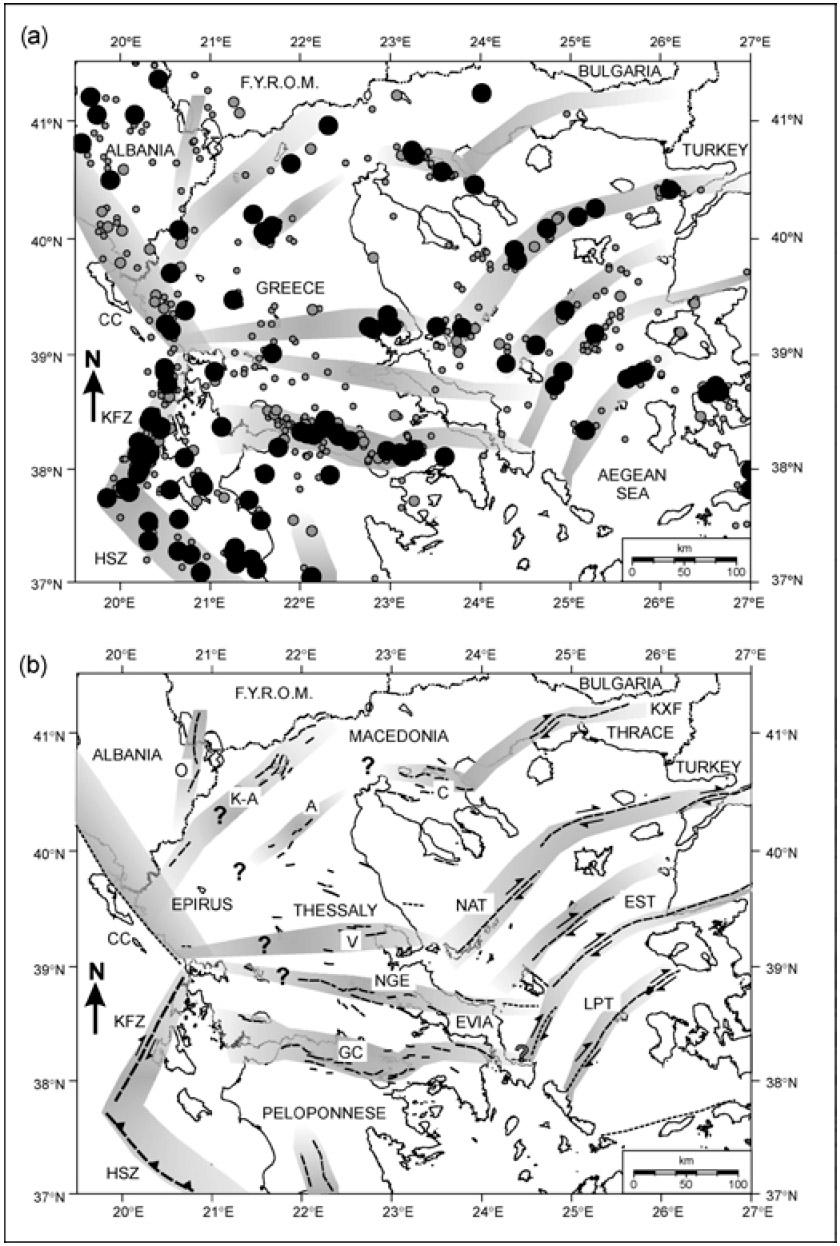 Σχ. 12: Η σεισµικότητα του τέλους του Τεταρτογενούς συγκεντρώνεται κυρίως στις γκρίζες ζώνες σύµφωνα µε τους Goldsworthy et al. (2002).