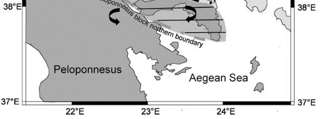 (2004) µετά από παλαιοµαγνητικές έρευνες και δεδοµένα από GPS κατέληξαν στο συµπέρασµα ότι η λεκάνη των Μεγάρων και της γειτονικής περιοχής (γραµµοσκιασµένη περιοχή στο χάρτη του σχήµατος 16)