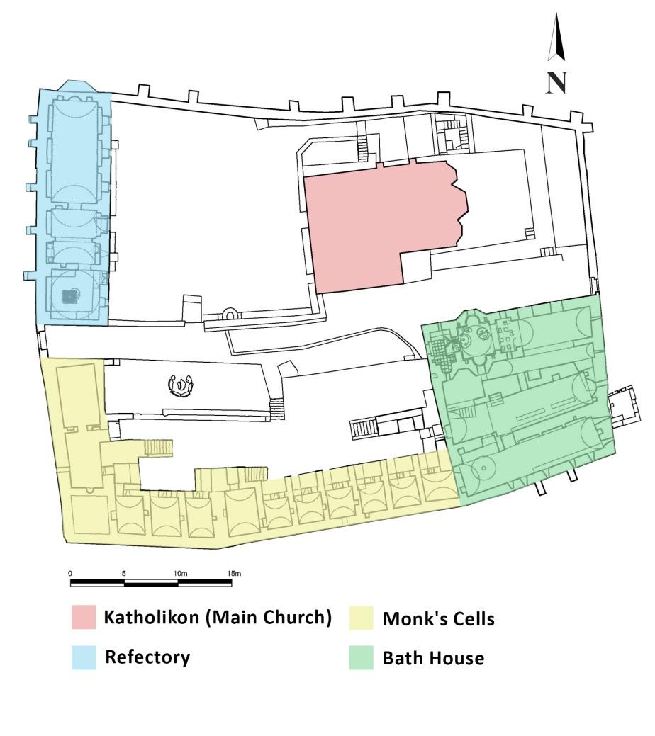 Σχήµα 6.2.2: Τοπογραφικό διάγραµµα της µονής Καισαριανής Η όλη κατασκευή αποτελείται από τρεις διαφορετικές και διακριτές φάσης κατασκευής που χτίστηκαν σε τρεις διαφορετικές χρονικές περιόδους.