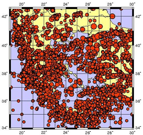 Σχήµα 6.6.1: Χάρτης Σεισµικότητας της Ελλάδας (Μέγεθος Σεισµικής Ροπής: 0.0-3.