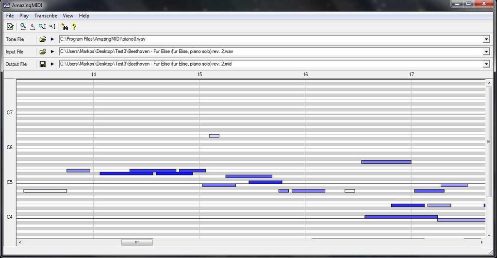 Εικόνα 4 AmazingMIDI TS-AudioToMIDI Εισάγουµε στο πρόγραµµα TS-AudioToMIDI το πολυφωνικό αρχείο Wav «Beethoven-Fur Elise» και κάνουµε την µετατροπή και προκύπτει το αρχείο midi, το οποίο όµως