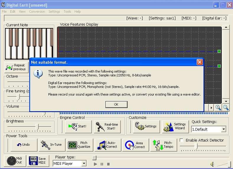 προγράµµατος WaveLab µετατρέψαµε το πολυφωνικό αρχείο σε µονοφωνικό µε Sample rate 44100 και 16-bit/sample ώστε να ικανοποιεί τις απαιτήσεις του Digital Ear και το αποτέλεσµα δεν ήταν ικανοποιητικό).