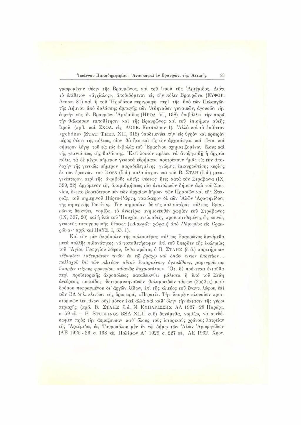 θωάννου Παπαδημητρίου : Άνασκαφαι έν Βραυρώνι τής 'Αττικής 83 γραφόμενην θέσιν τής Βραυρώνος, καί τού ιερού τής Άρτέμιδος. Διότι τό έπ [θετόν «άγχίαλος», άποδιδόμενον εις την πόλιν Βραυρώνα (ΕΥΦΟΡ.