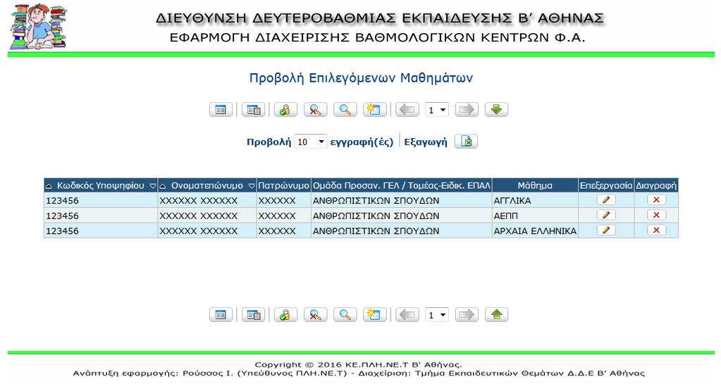 Επιλέγοντας αντίστοιχα από το μενού ο χρήστης μπορεί να προβάλλει τα επιλεγμένα μαθήματα από τους μαθητές Φ.Α.