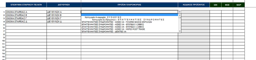 3o ΒΗΜΑ: Στη στήλη «Προϊόν Πληροφορίας», επιλέξτε το προϊόν που χρησιμοποιήθηκε από κάθε Εταιρικό Πελάτη.