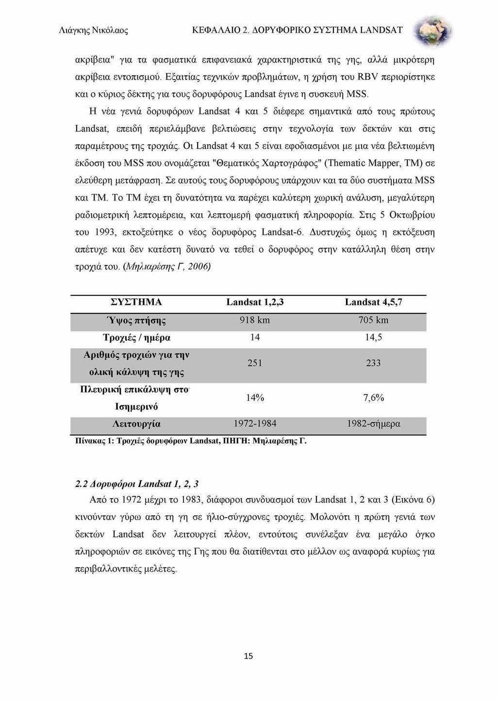 Λιάγκης Νικόλαος ΚΕΦΑΛΑΙΟ 2. ΔΟΡΥΦΟΡΙΚΟ ΣΥΣΤΗΜΑ LAND SAT * V * ακρίβεια" για τα φασματικά επιφανειακά χαρακτηριστικά της γης, αλλά μικρότερη ακρίβεια εντοπισμού.